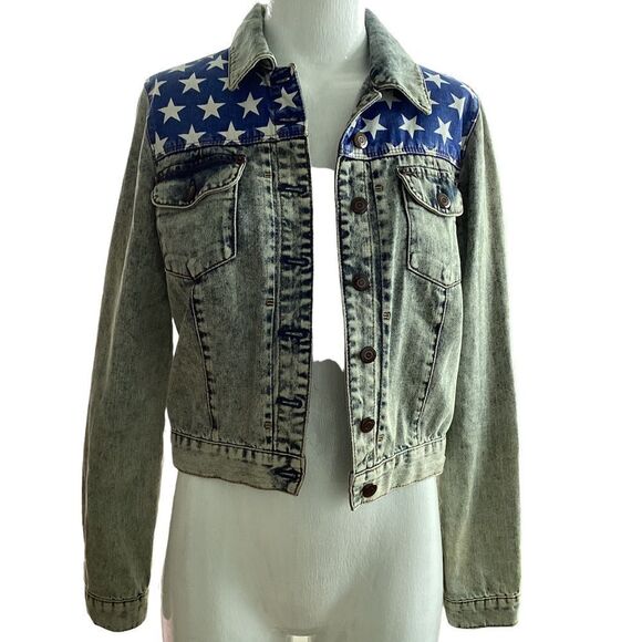 Moto Topshop size 14 Jean jacket USA flag. 0592 - Picture 1 of 7